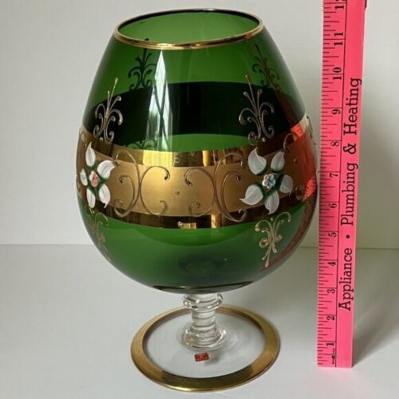 Vtg Empoli Green Glass Gilded Hand Painted Pedestal Vase Brandy Snifter MCM 11" - Picture 9 of 10
